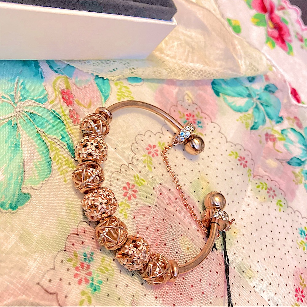 *AUTHENTIC PANDORA* 18krose gold over 925ss SIZE 3 Cuff bangle bracelet w/EXTRAS